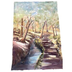 Original Watercolor Landscape Painting canvas ditch creek tree trail green READ